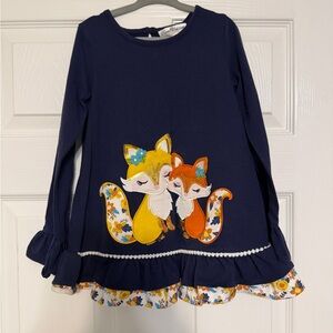 Rare Editions Navy Long-Sleeve Top with Yellow & Orange Fox Appliqués